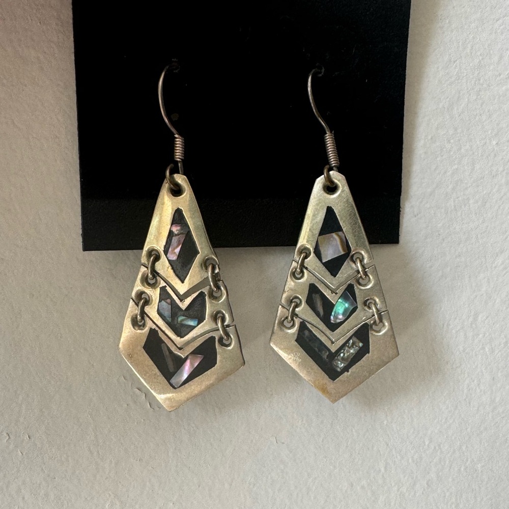 Abalone Shell Silver Dangly Triangle Earrings - image 2